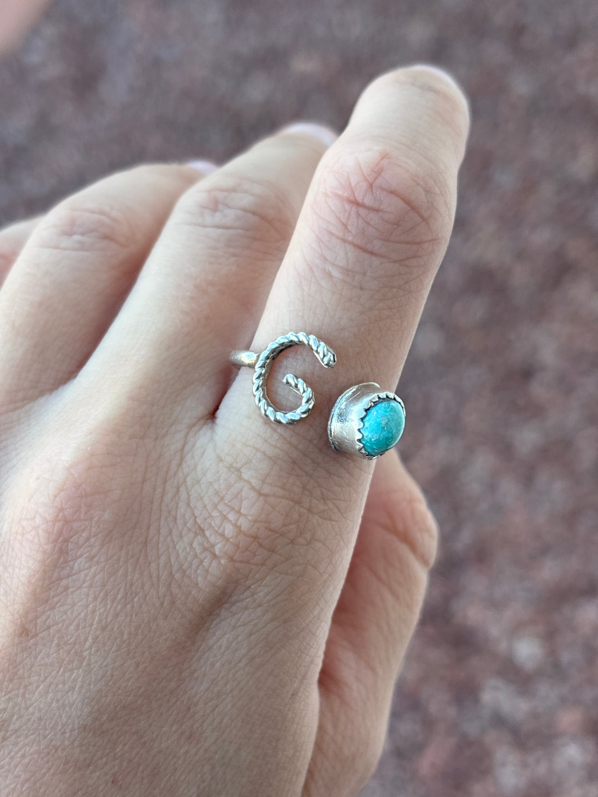 Native American, Hand-Made, Turquoise & Sterling Silver Adjustable Initial Ring