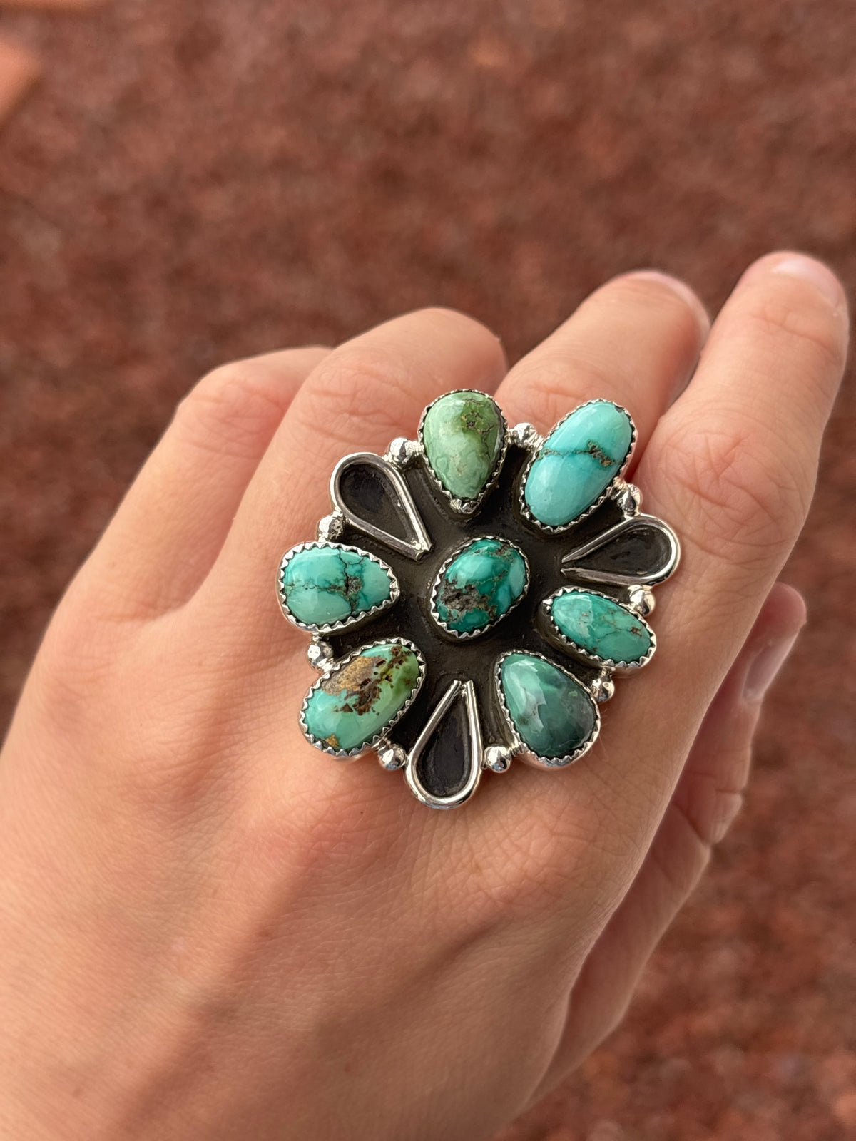 Native American, Hand-Made, Sonoran Gold Turquoise & Sterling Silver Cluster Ring
