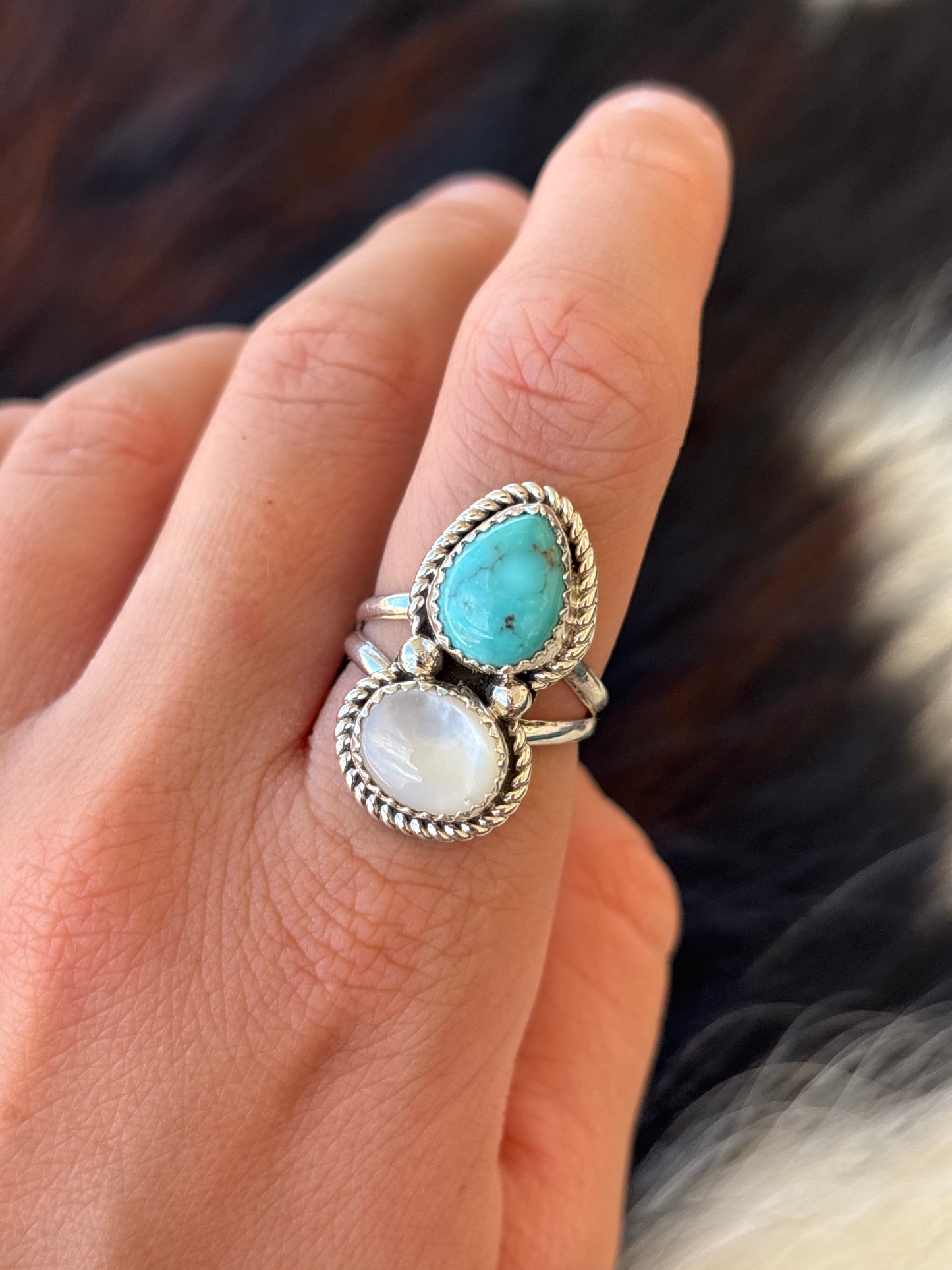 Native American, Hand-Made, Turquoise, M.O.P & Sterling Silver Ring