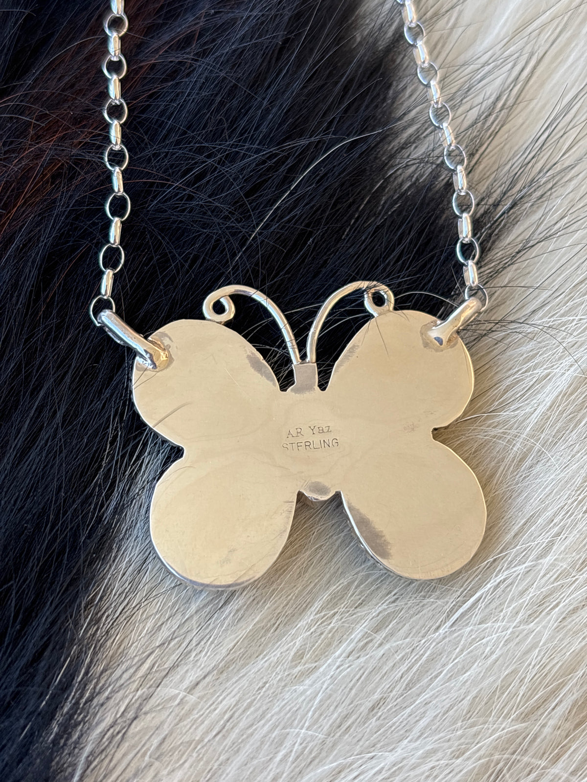 Native American, Hand-Made, Turquoise, Cowrie, & Sterling Silver Butterfly Necklace