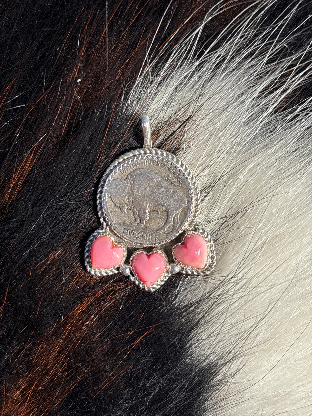 Native American, Hand-Made, Pink Conch & Sterling Silver Buffalo Nickel Necklace