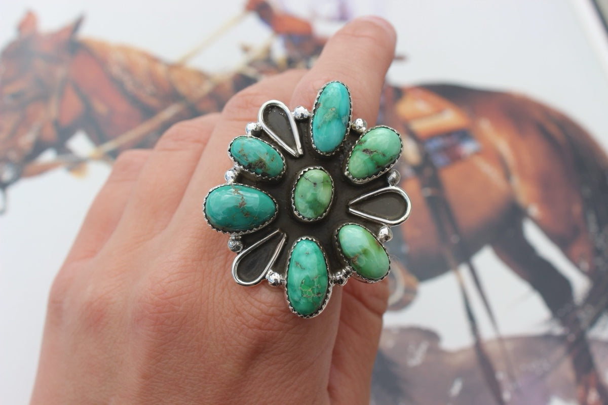 Native American, Hand-Made, Sonoran Gold Turquoise & Sterling Silver Cluster Ring