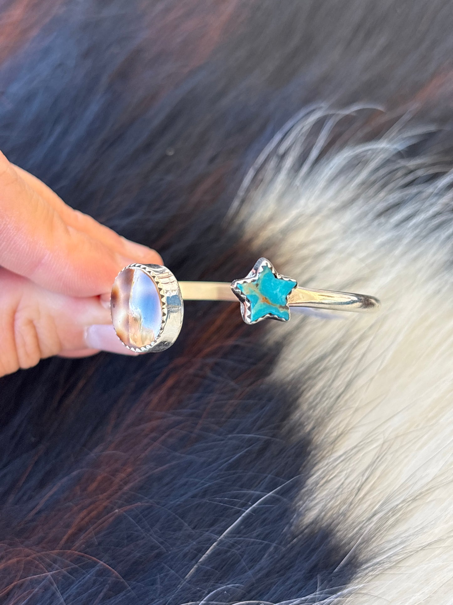 Native American, Handmade, Cowrie, Turquoise & Sterling Silver Cuff
