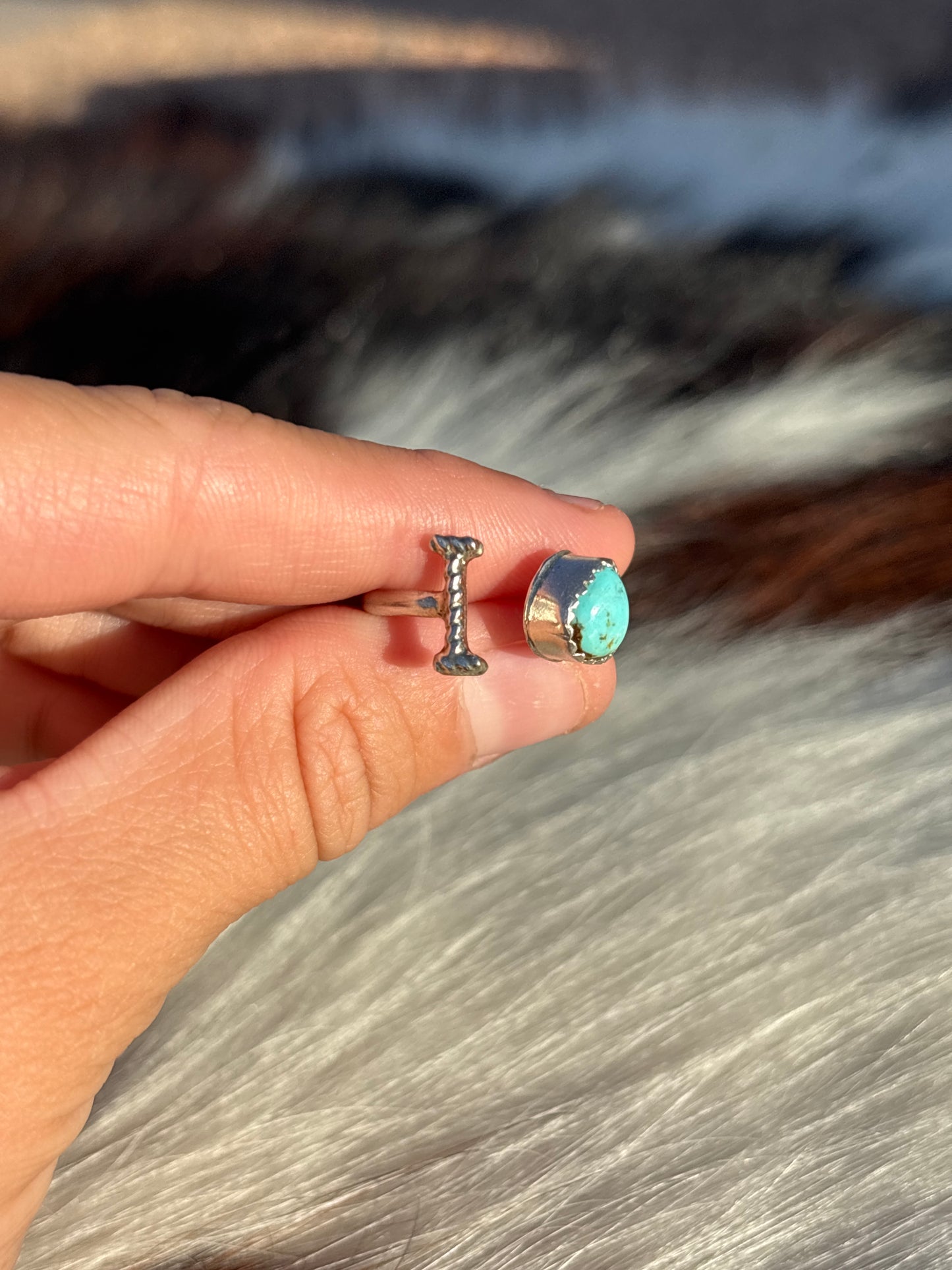 Native American, Hand-Made, Turquoise & Sterling Silver Adjustable Initial Ring