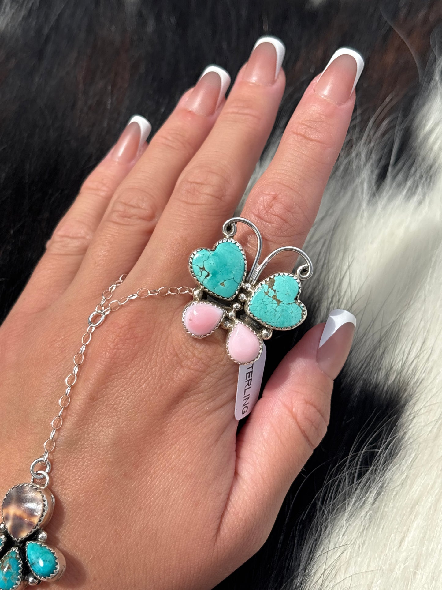 Native American, Hand-Made, Pink Conch, Turquoise & Sterling Silver Butterfly Ring