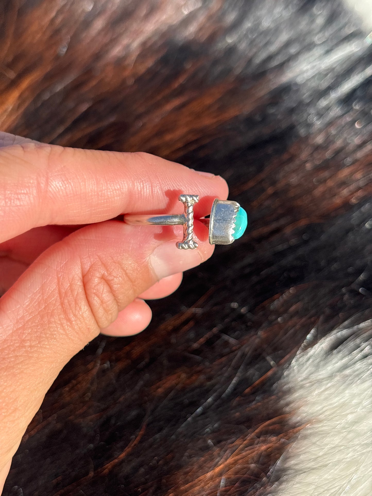 Native American, Hand-Made, Turquoise & Sterling Silver Adjustable Initial Ring