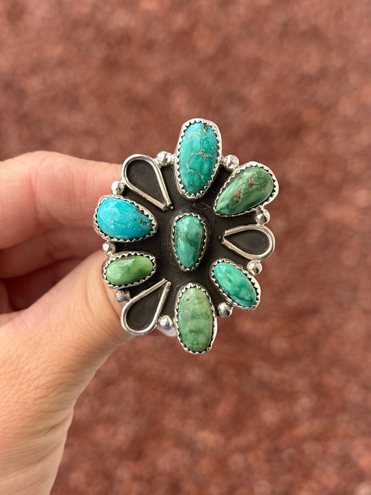 Native American, Hand-Made, Sonoran Gold Turquoise & Sterling Silver Cluster Ring