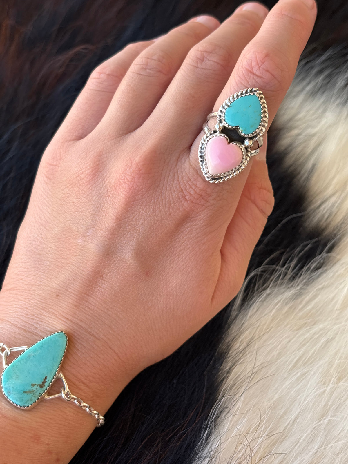 Native American, Hand-Made, Turquoise, Pink Conch, & Sterling Silver Ring