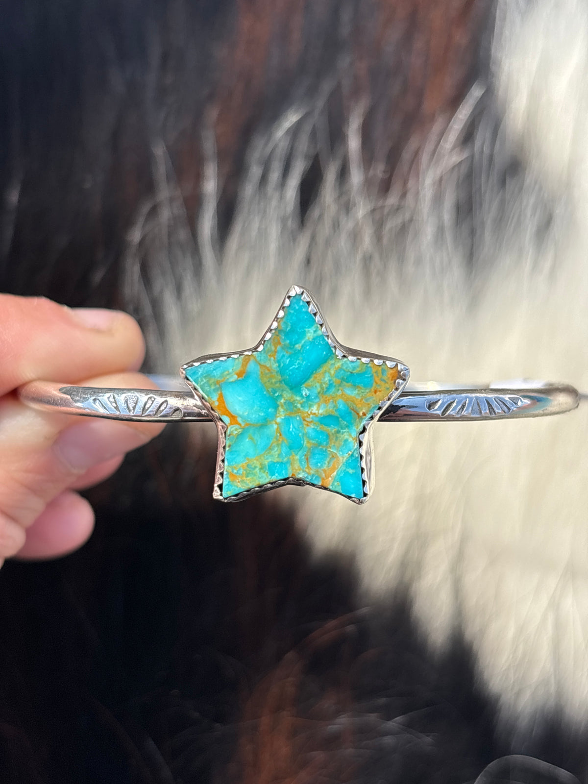 Native American, Handmade, Turquoise & Sterling Silver Star Cuff