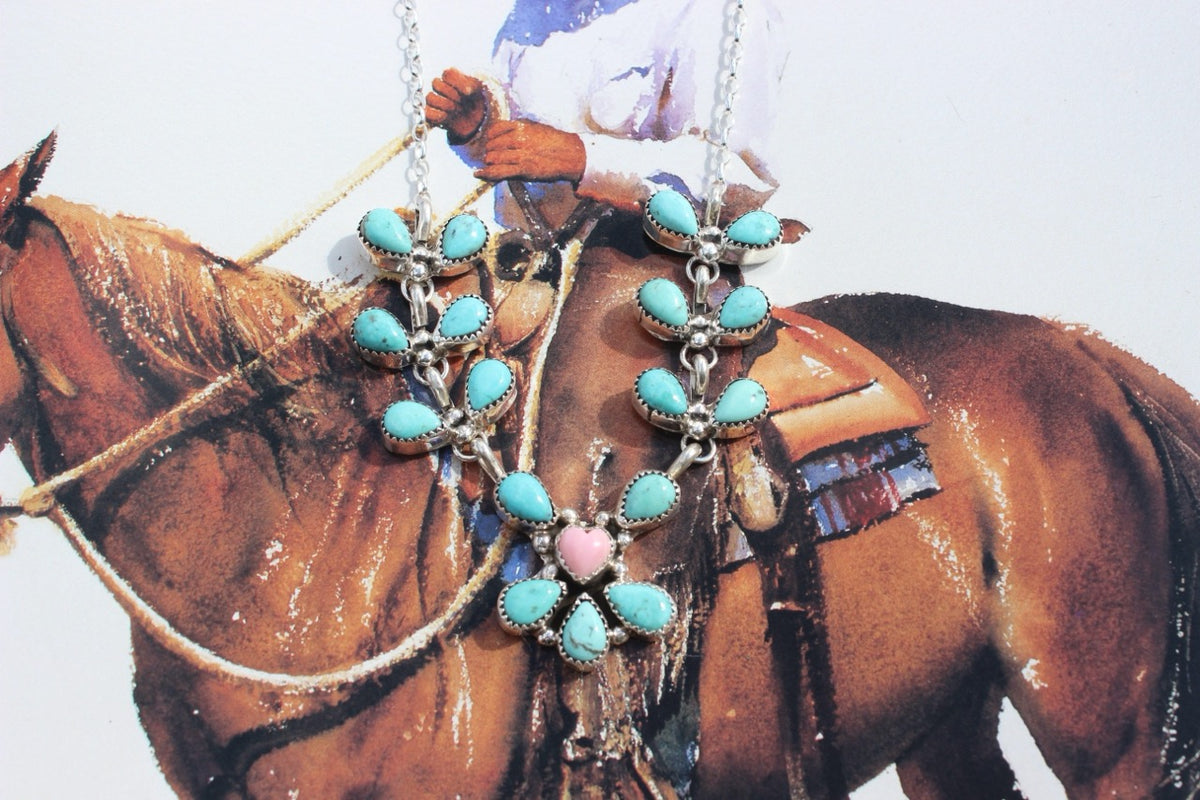 Native American, Hand-Made, Turquoise, Pink Conch, & Sterling Silver Necklace