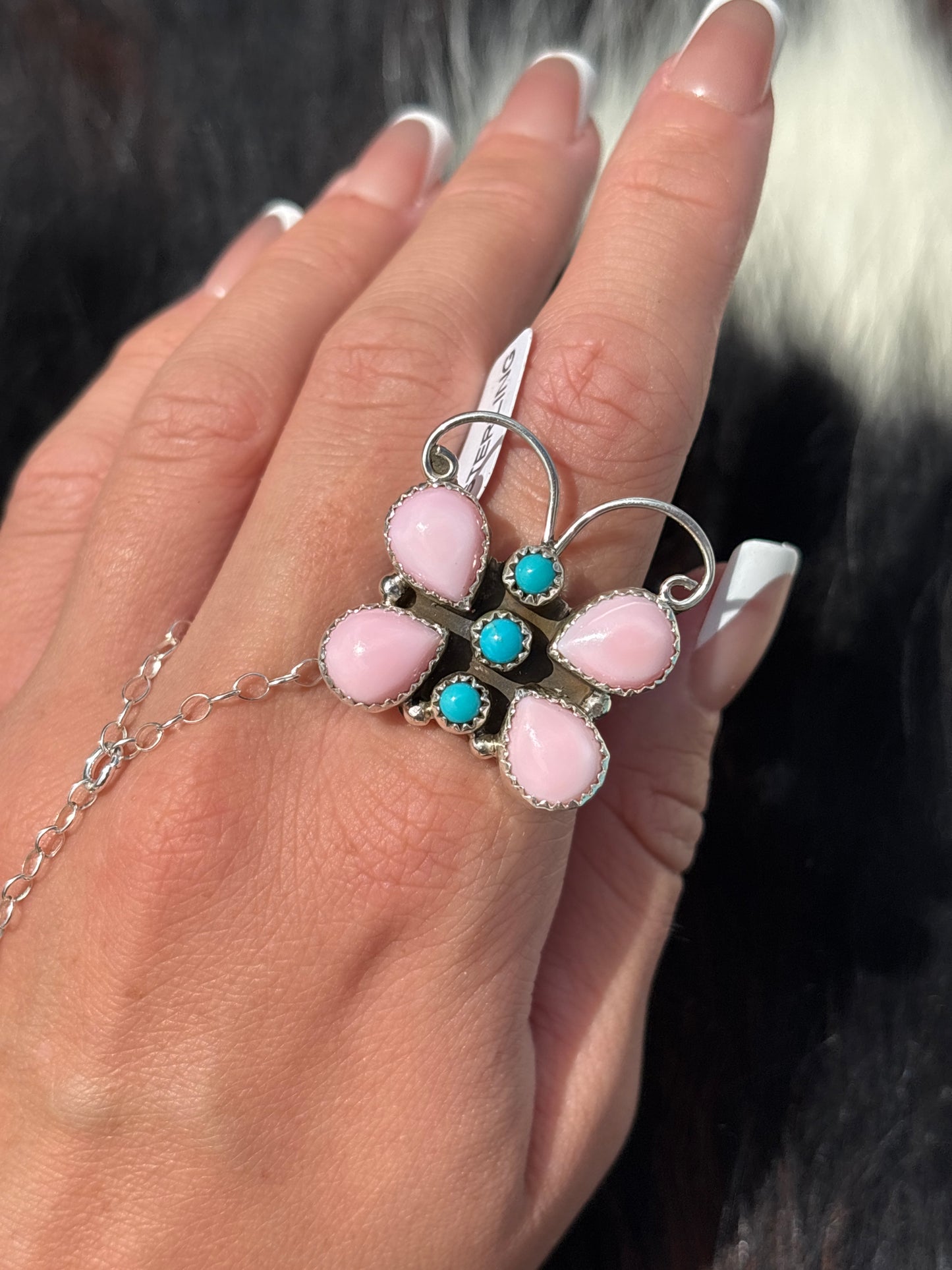Native American, Hand-Made, Pink Conch, Turquoise & Sterling Silver Butterfly Ring