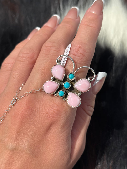 Native American, Hand-Made, Pink Conch, Turquoise & Sterling Silver Butterfly Ring