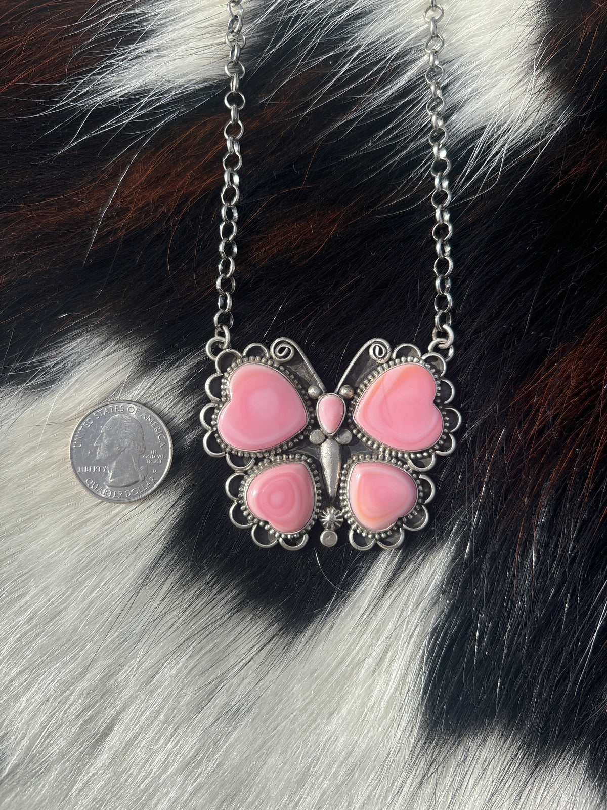 Native American, Hand-Made, Pink Conch & Sterling Silver Butterfly Necklace