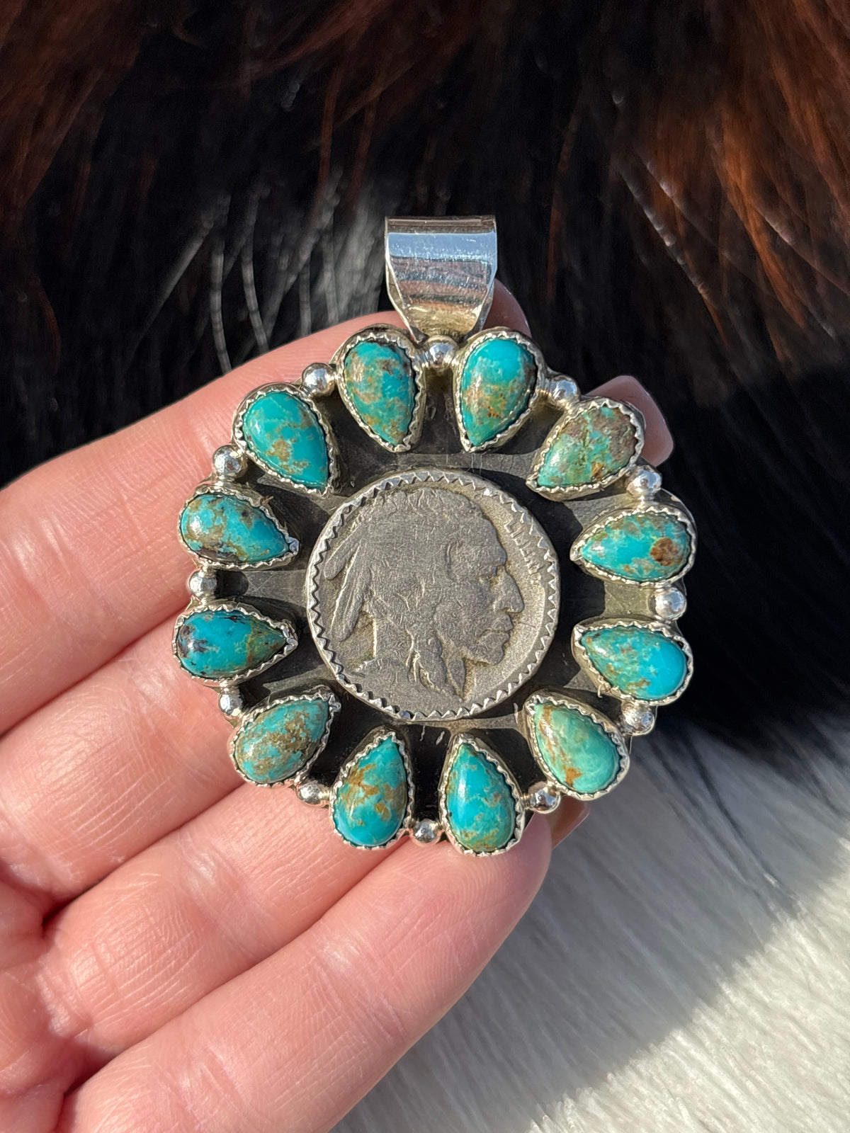 Native American, Hand-Made, Turquoise & Sterling Silver Buffalo Nickel Pendant