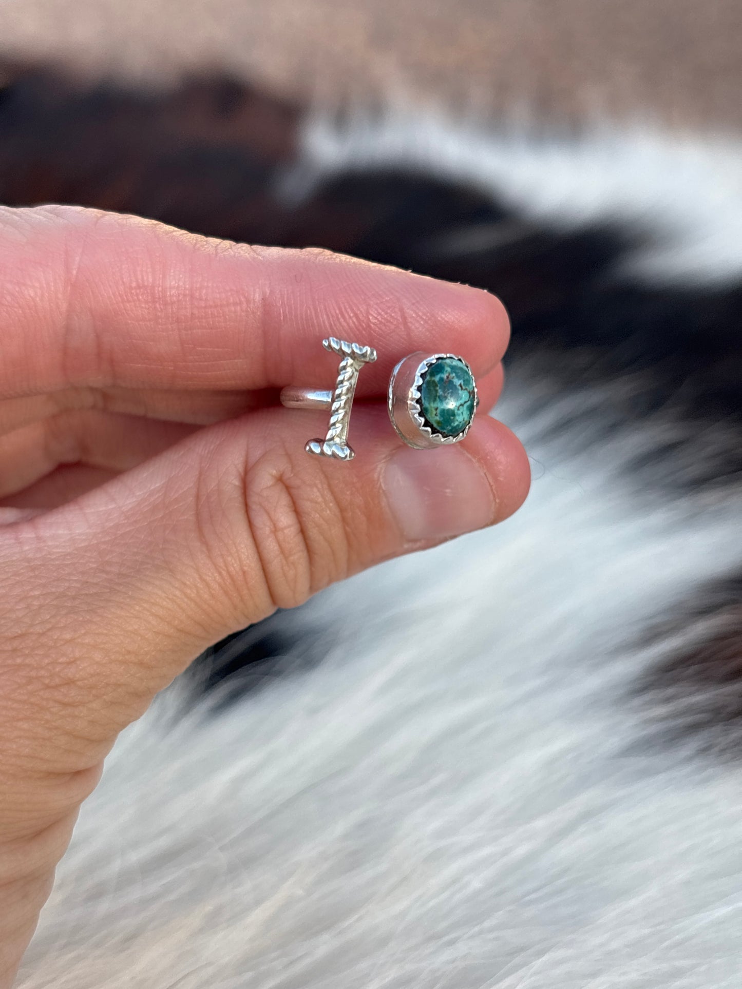 Native American, Hand-Made, Turquoise & Sterling Silver Adjustable Initial Ring