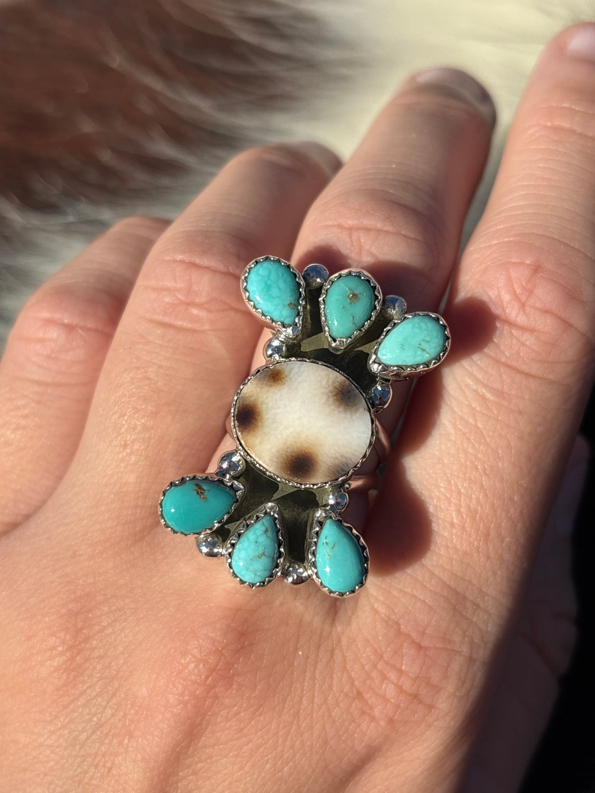 Native American, Hand-Made, Turquoise, Cowrie, & Sterling Silver Ring