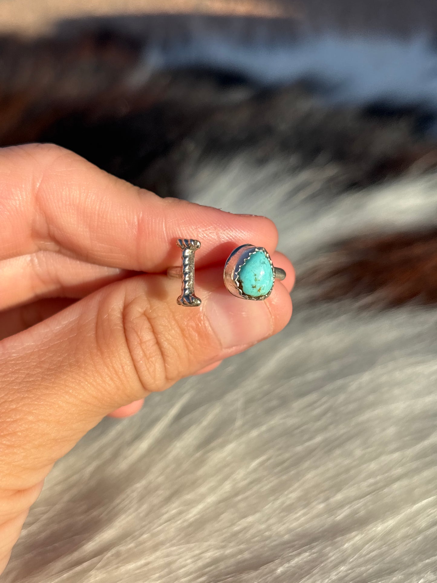 Native American, Hand-Made, Turquoise & Sterling Silver Adjustable Initial Ring