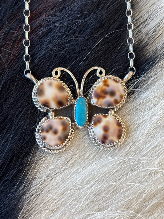 Native American, Hand-Made, Turquoise, Cowrie, & Sterling Silver Butterfly Necklace