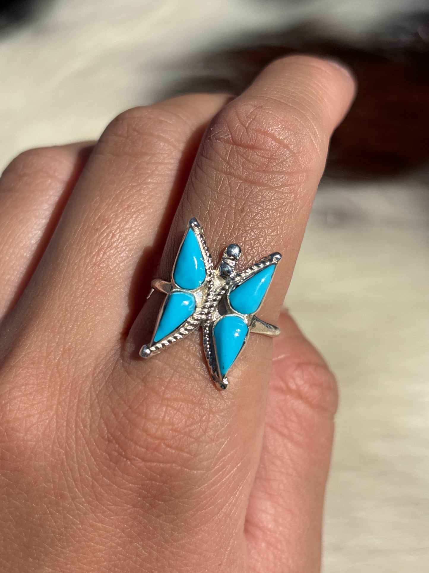 Native American, Hand-Made, Turquoise & Sterling Silver Butterfly Ring