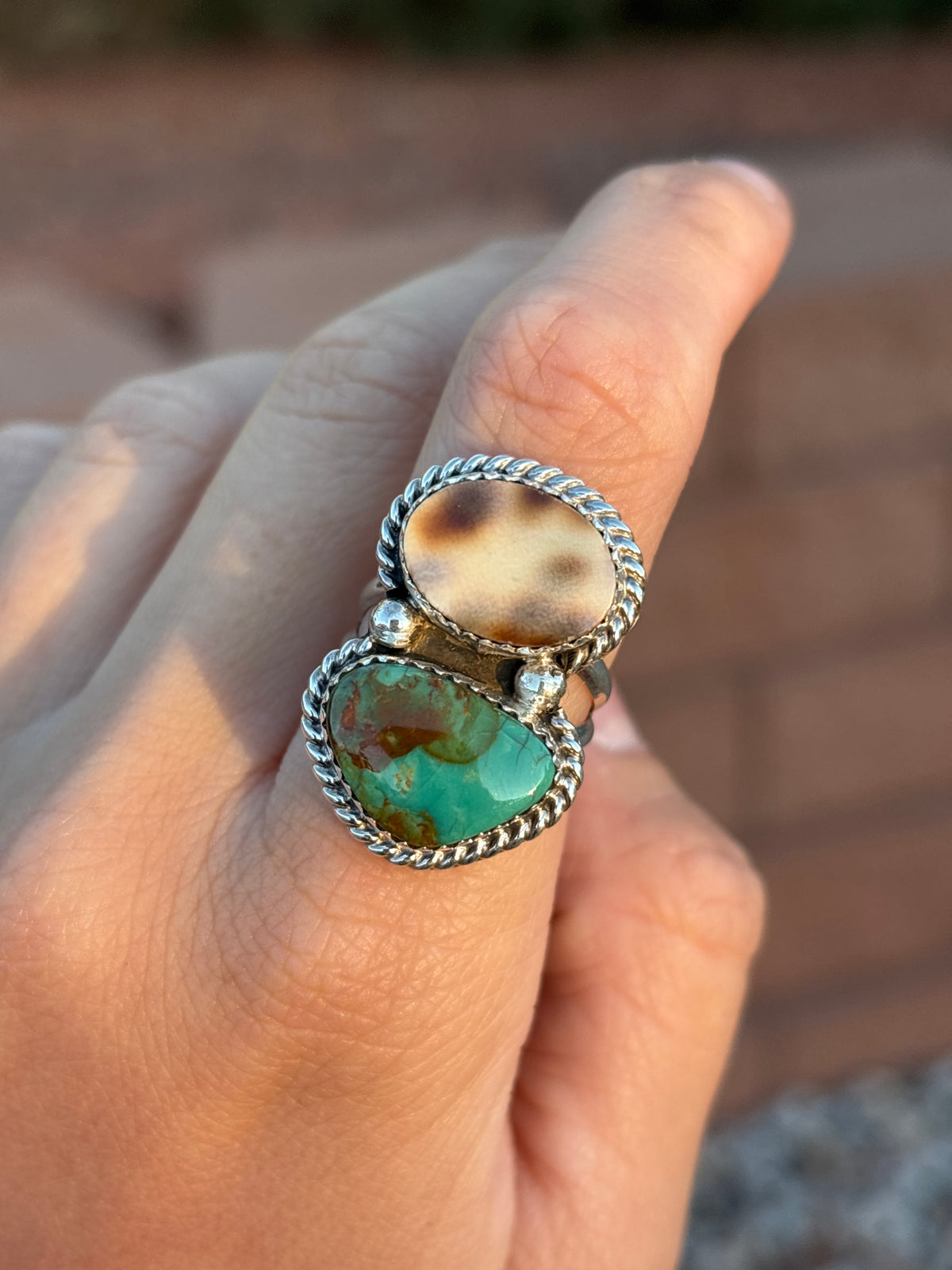 Native American, Hand-Made, Turquoise, Cowrie, & Sterling Silver Ring