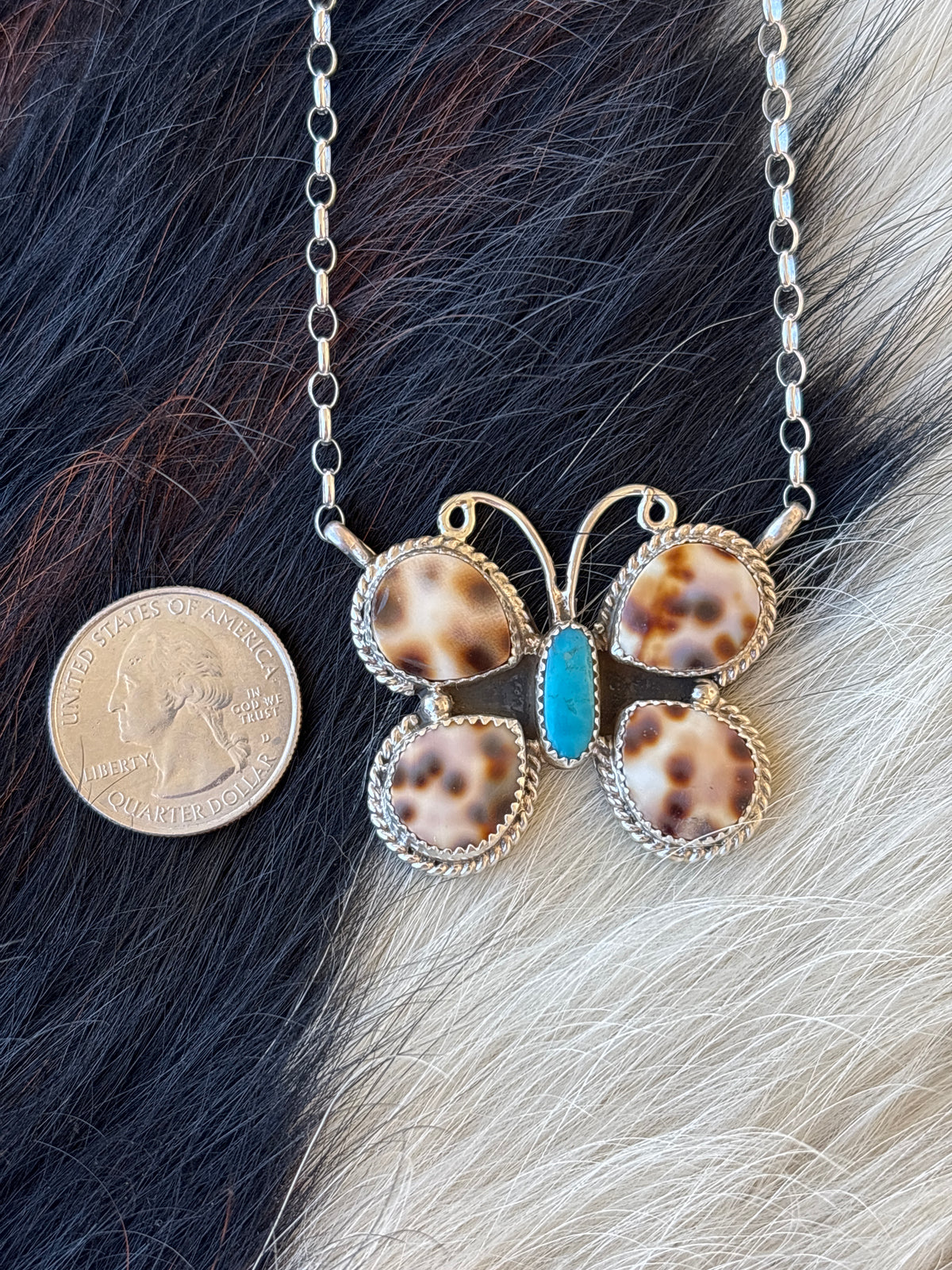 Native American, Hand-Made, Turquoise, Cowrie, & Sterling Silver Butterfly Necklace