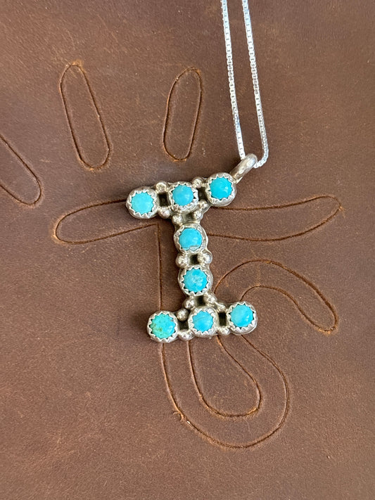 Native American, Hand-Made, Turquoise & Sterling Silver “I” Initial Necklace