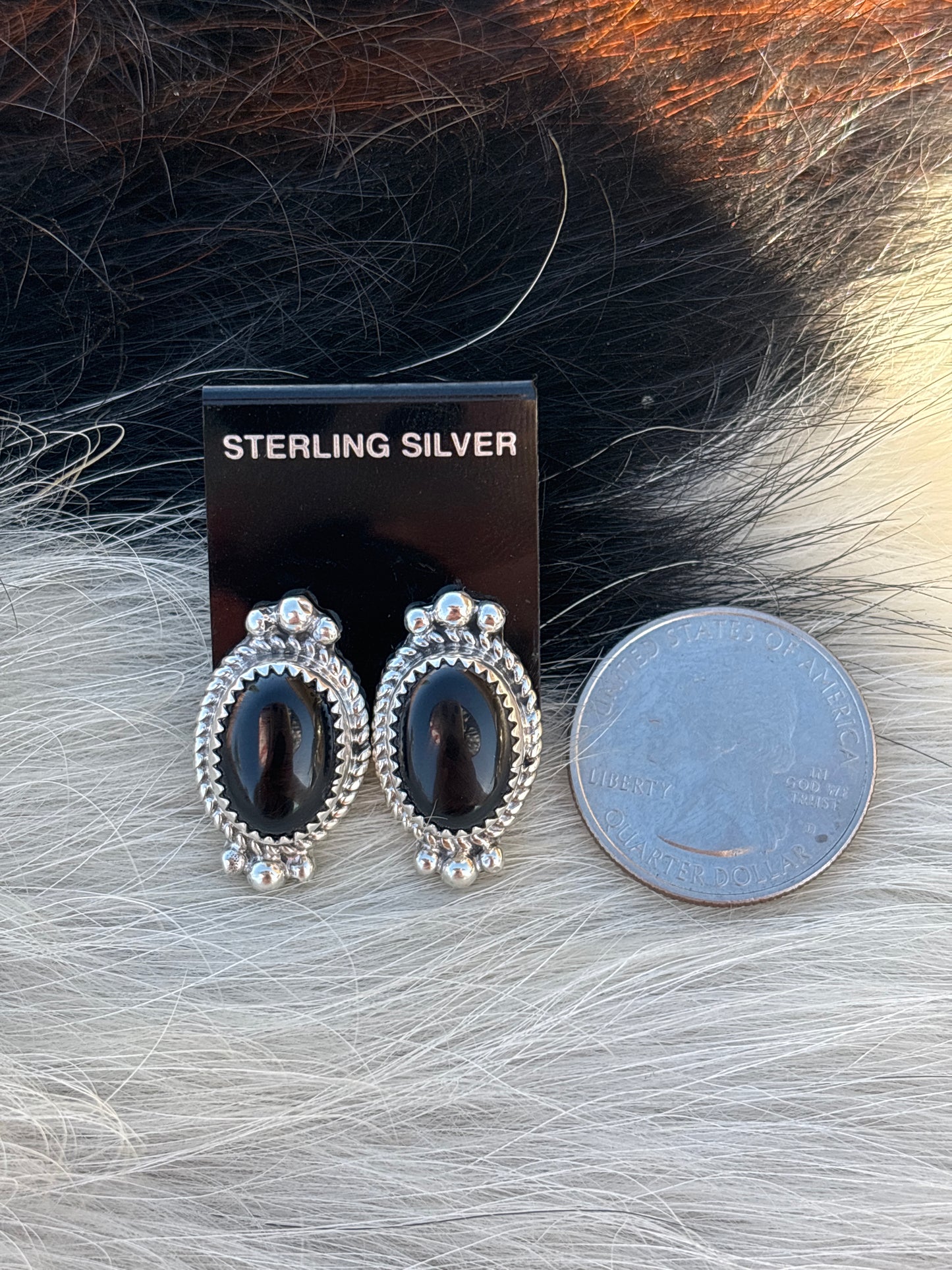Native American, Hand-Made, Black Onyx & Sterling Silver Earrings