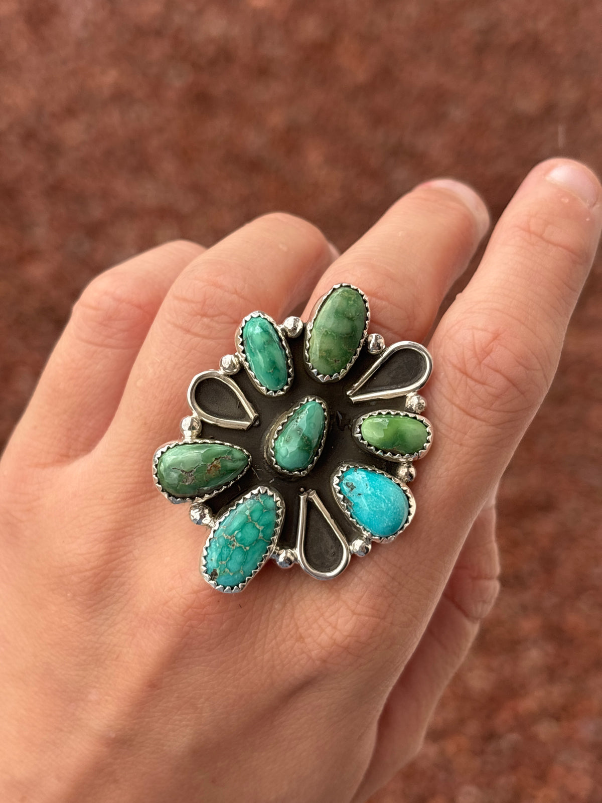 Native American, Hand-Made, Sonoran Gold Turquoise & Sterling Silver Cluster Ring