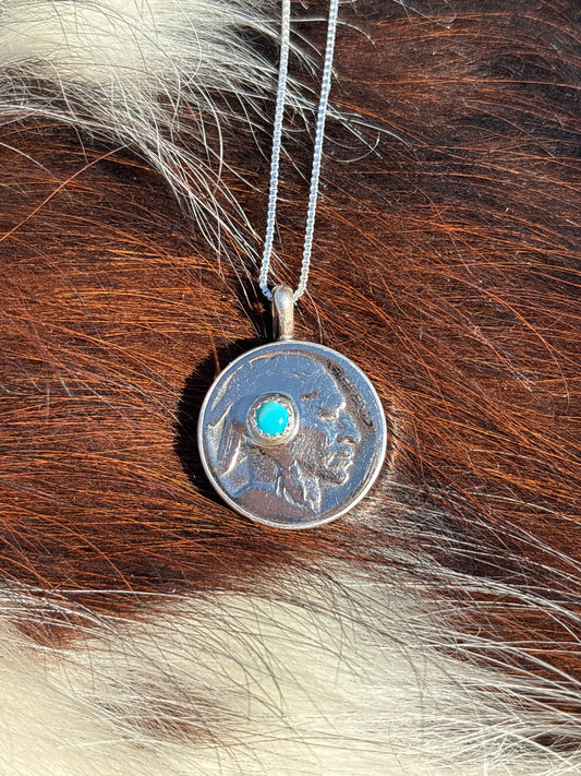 Native American, Hand-Made, Buffalo Nickel, Turquoise & Sterling Silver Necklace