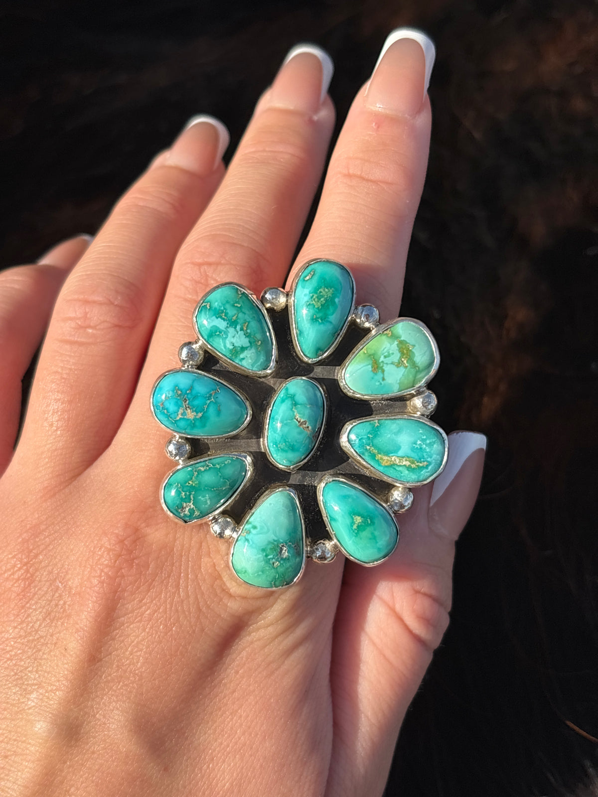 Native American, Hand-Made, Sonoran Gold Turquoise & Sterling Silver Cluster Ring