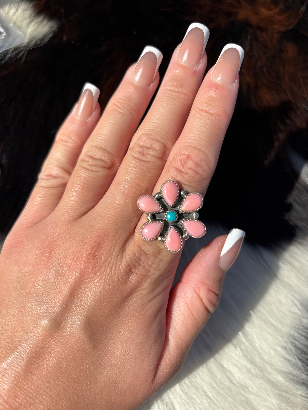 Native American, Hand-Made, Turquoise, Pink Conch & Sterling Silver Ring