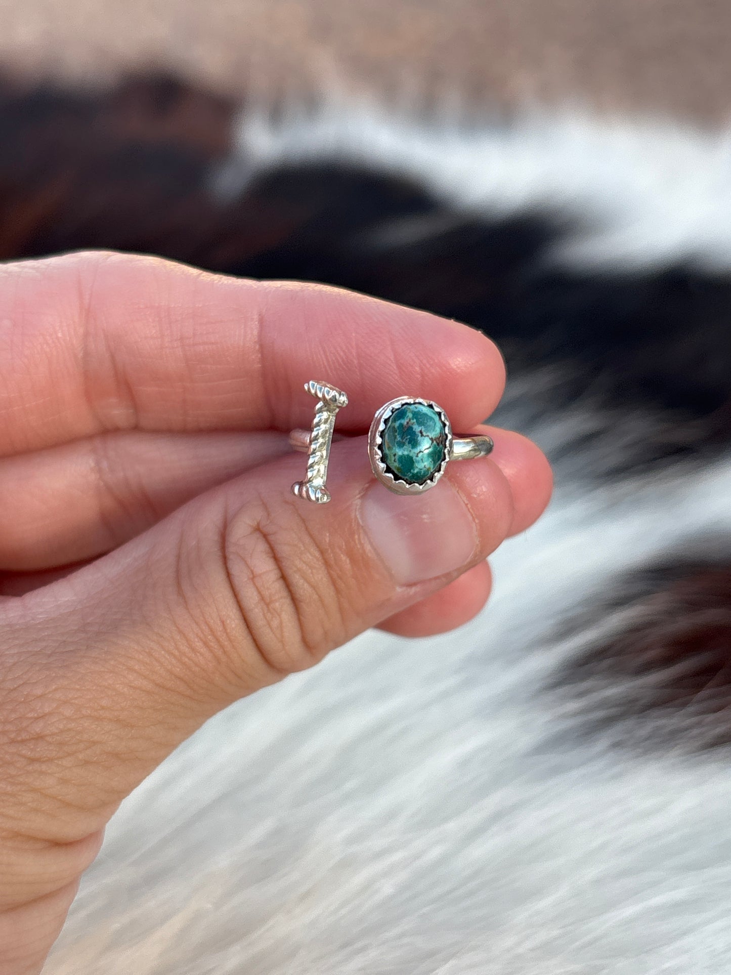 Native American, Hand-Made, Turquoise & Sterling Silver Adjustable Initial Ring