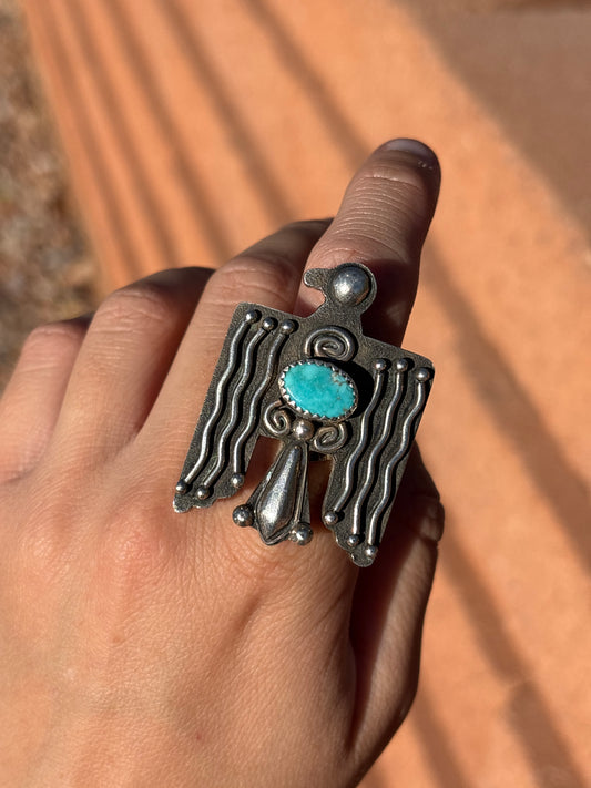 Native American, Hand-Made, Turquoise & Sterling Silver Thunderbird Adjustable Ring