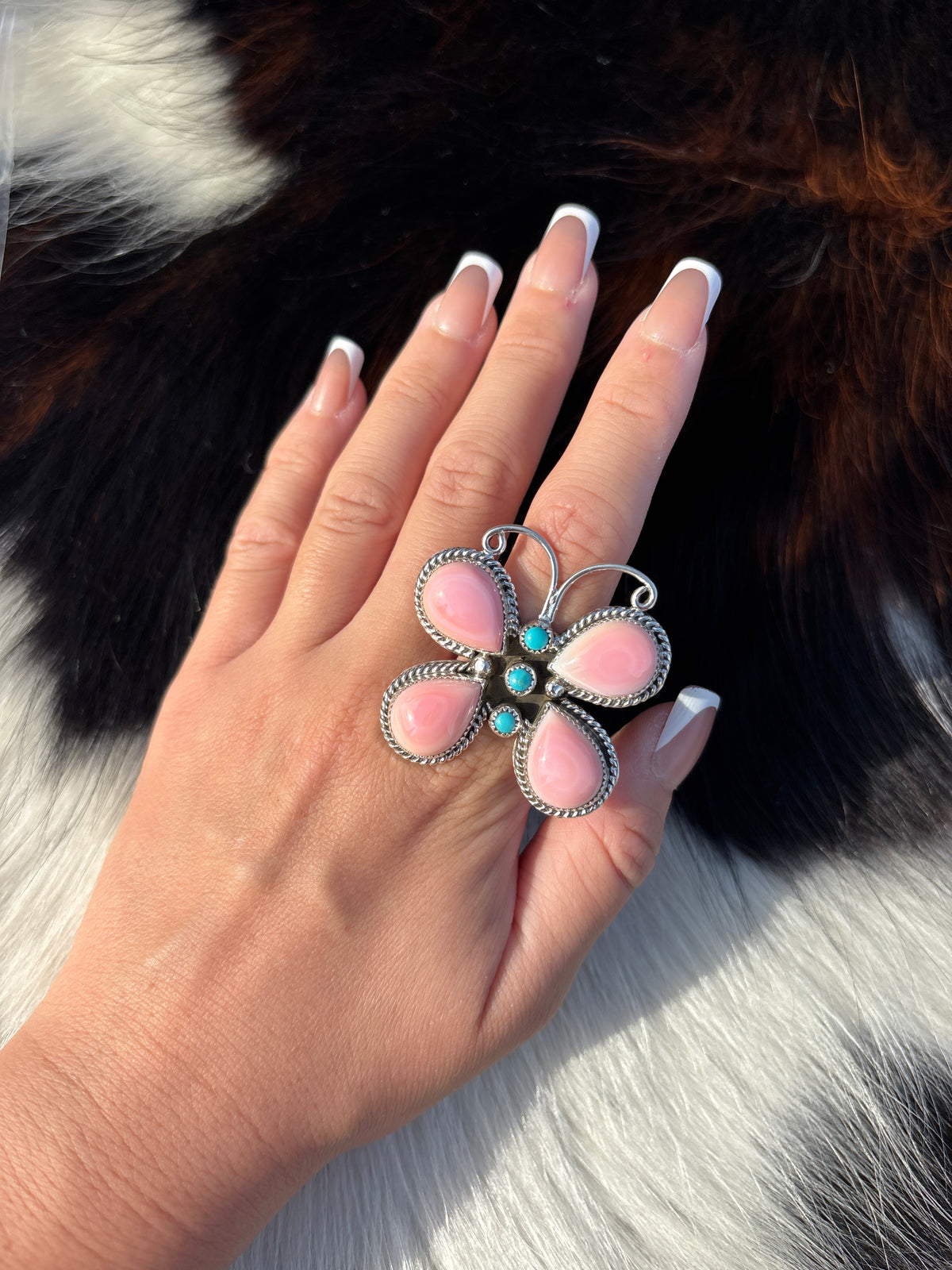 Native American, Hand-Made, Pink Conch, Turquoise & Sterling Silver Butterfly Ring