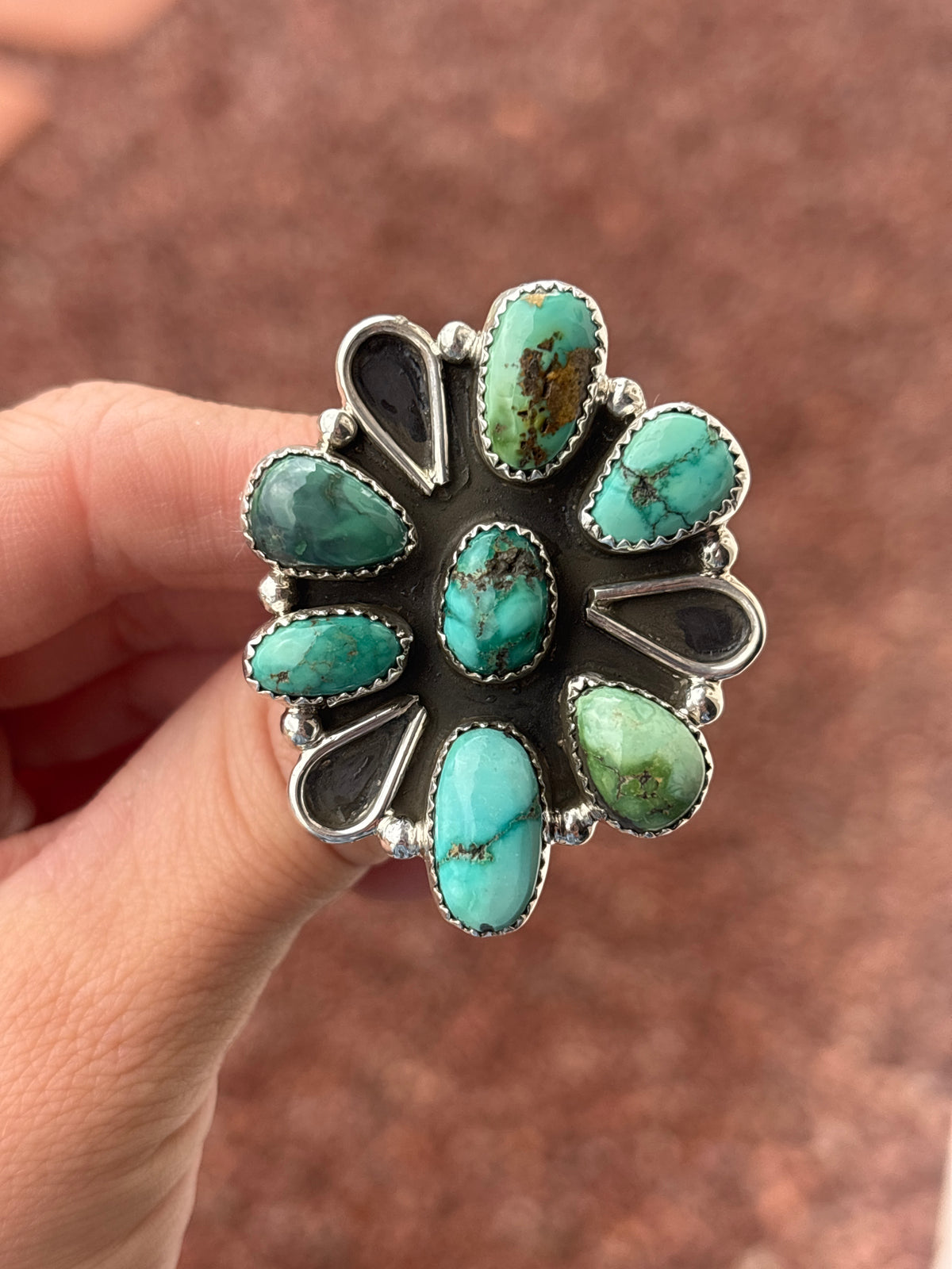 Native American, Hand-Made, Sonoran Gold Turquoise & Sterling Silver Cluster Ring