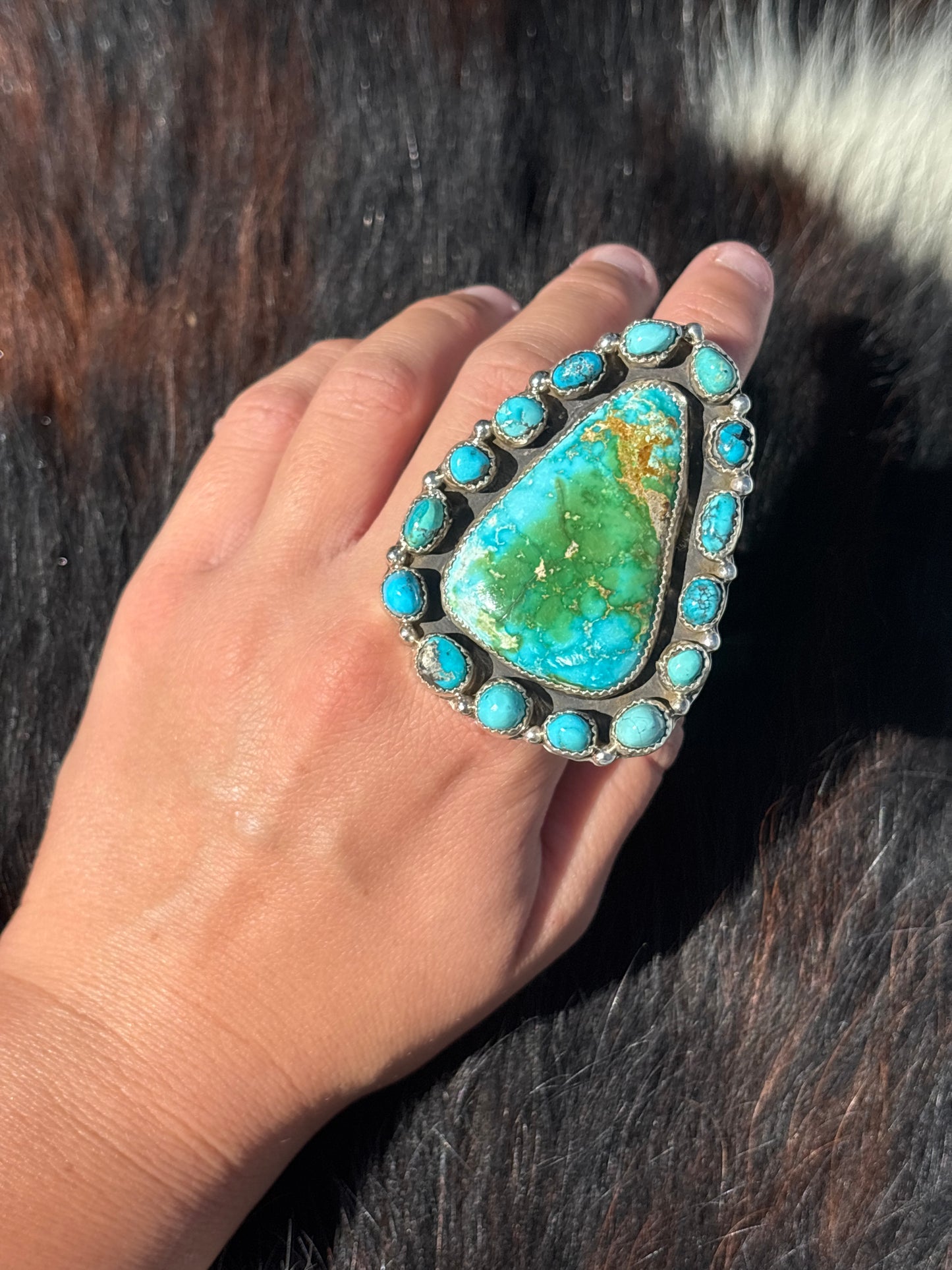 Native American, Hand-Made, Sonoran Gold Turquoise & Sterling Silver Ring