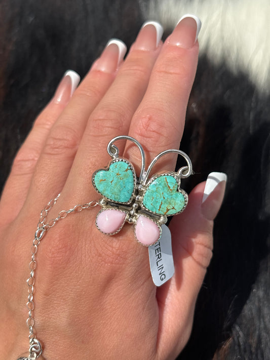 Native American, Hand-Made, Pink Conch, Turquoise & Sterling Silver Butterfly Ring