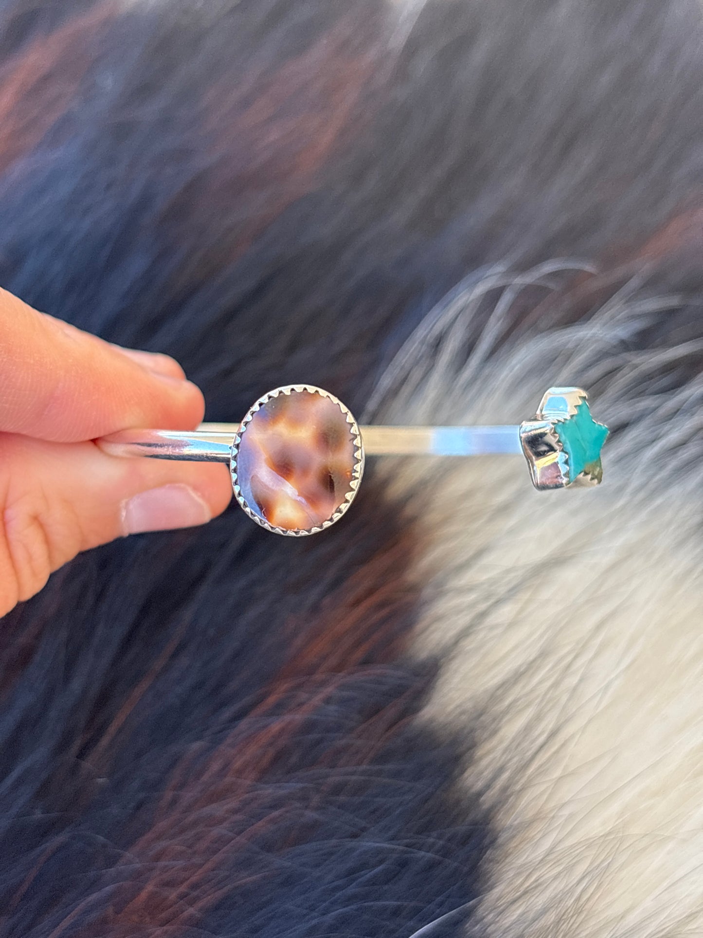 Native American, Handmade, Cowrie, Turquoise & Sterling Silver Cuff