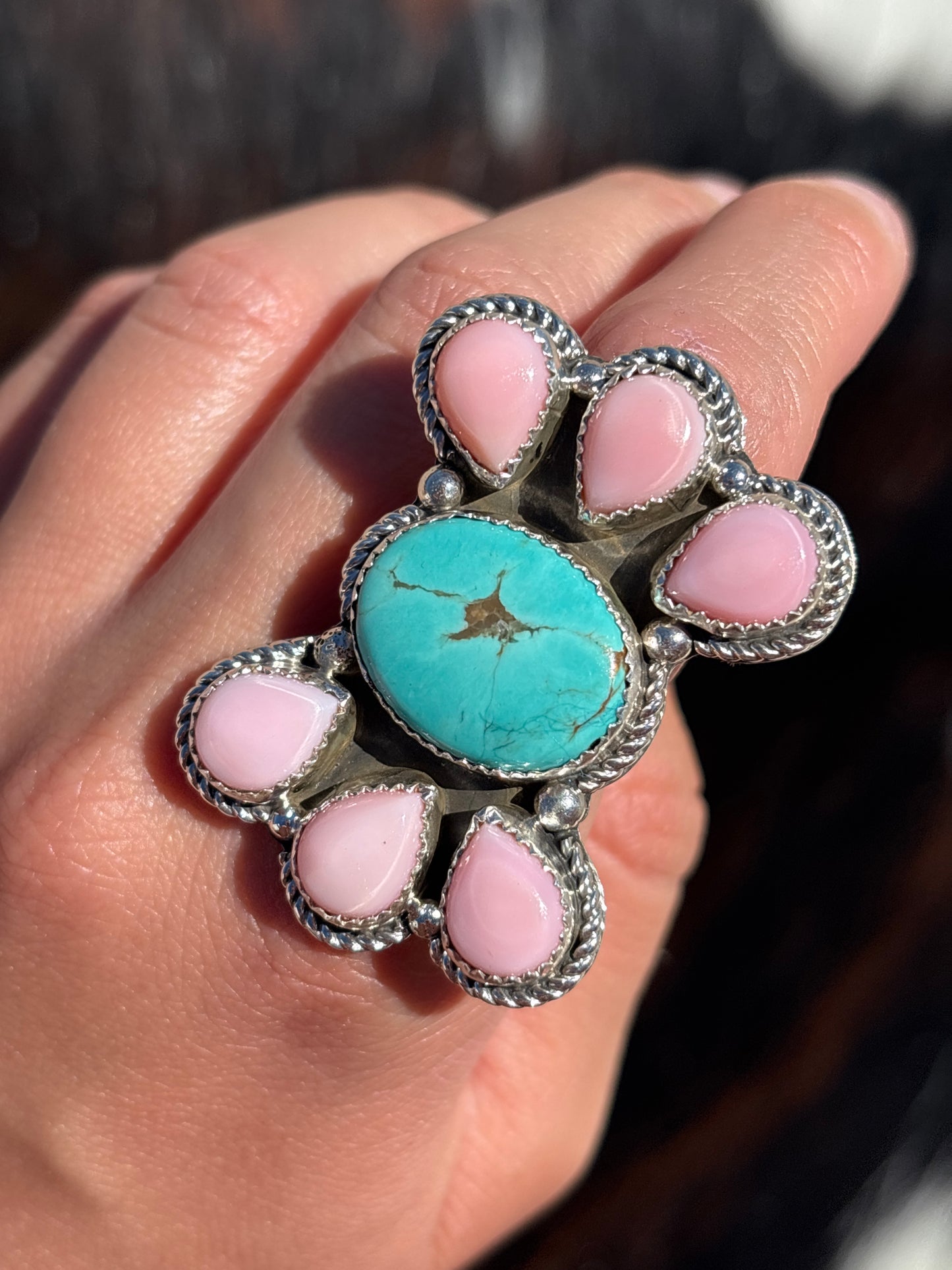 Native American, Hand-Made, Turquoise, Pink Conch & Sterling Silver Ring