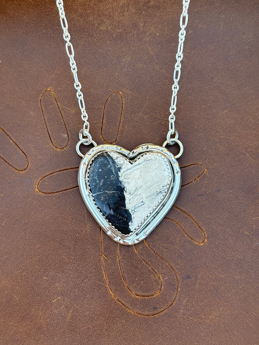 Native American, Hand-Made, White Buffalo & Sterling Silver Heart Necklace