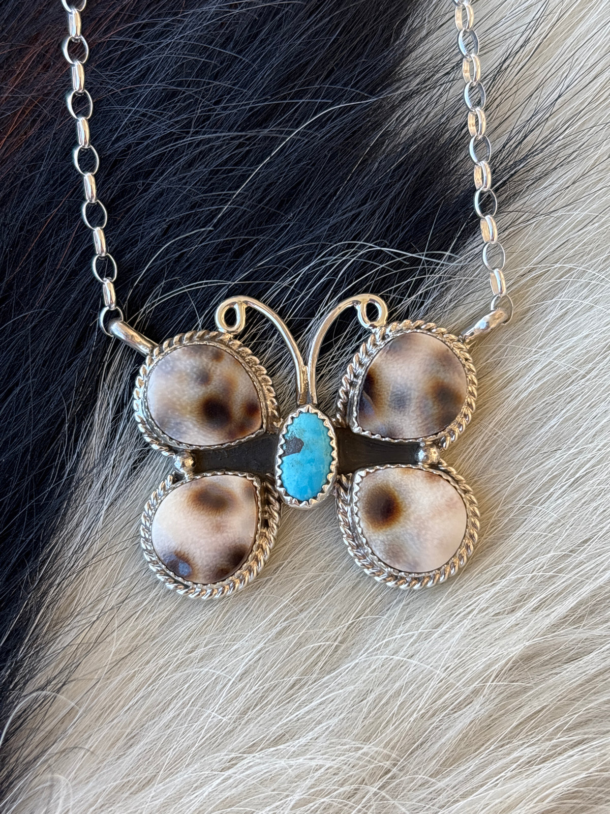 Native American, Hand-Made, Turquoise, Cowrie, & Sterling Silver Butterfly Necklace