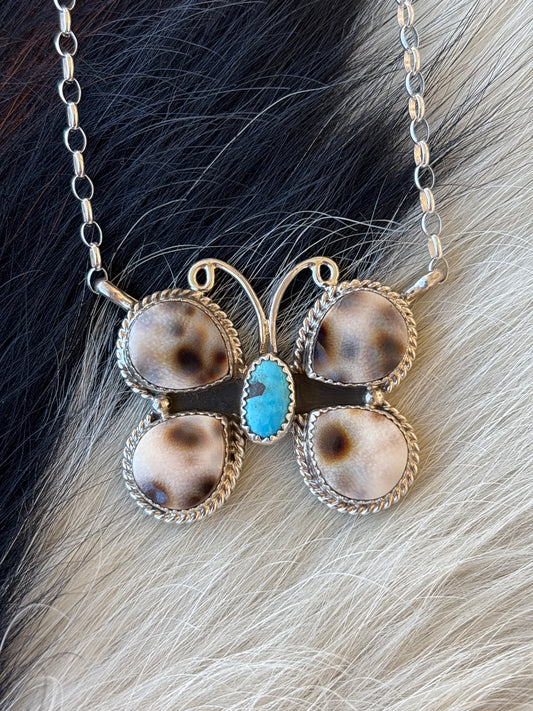 Native American, Hand-Made, Turquoise, Cowrie, & Sterling Silver Butterfly Necklace