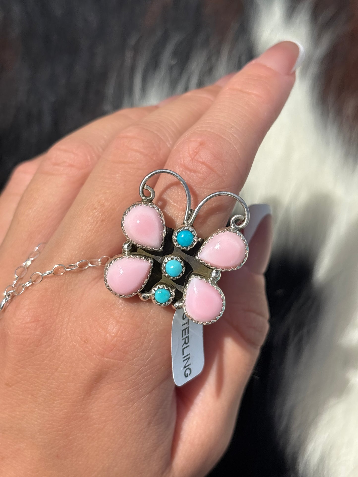 Native American, Hand-Made, Pink Conch, Turquoise & Sterling Silver Butterfly Ring