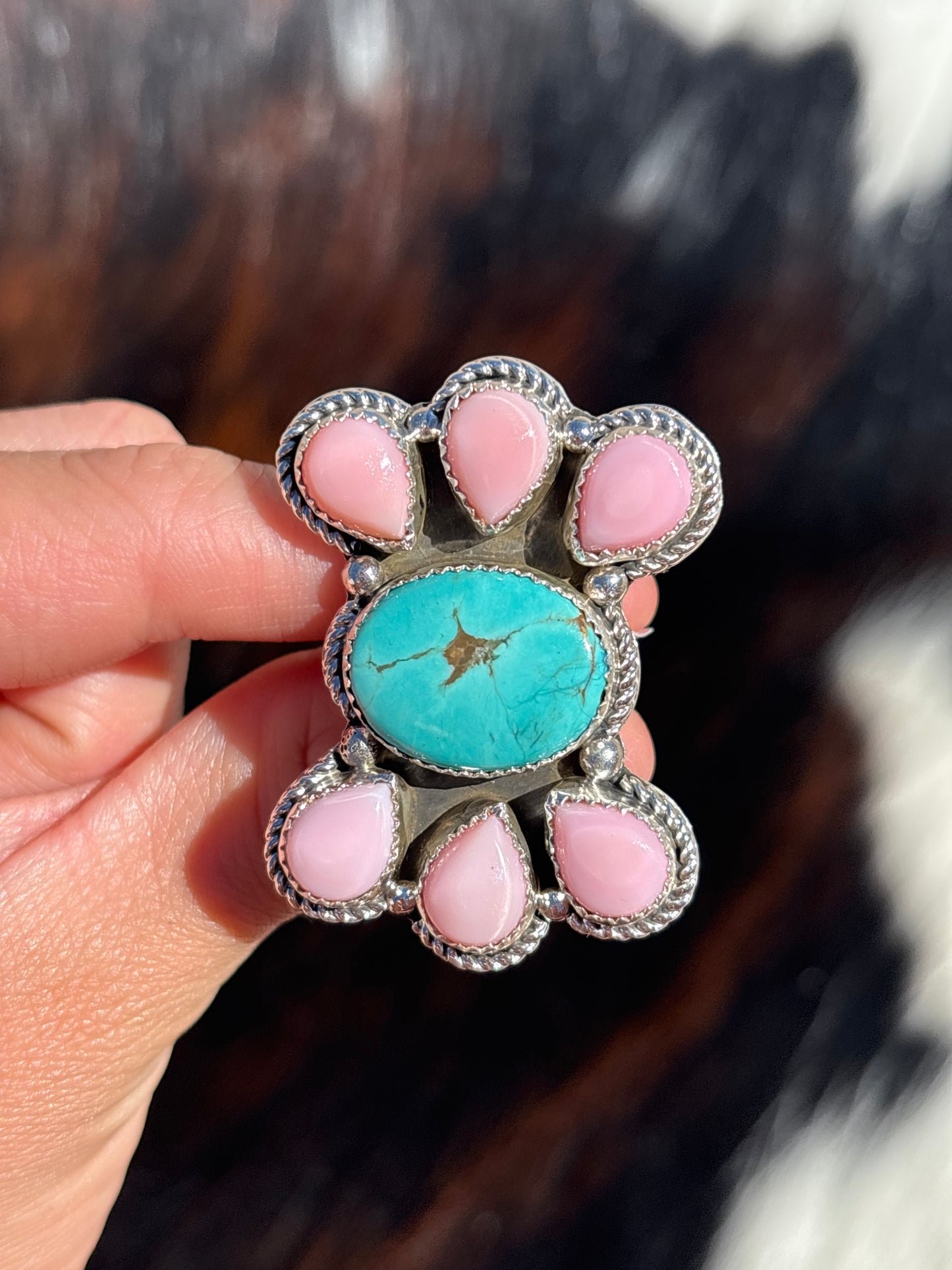 Native American, Hand-Made, Turquoise, Pink Conch & Sterling Silver Ring