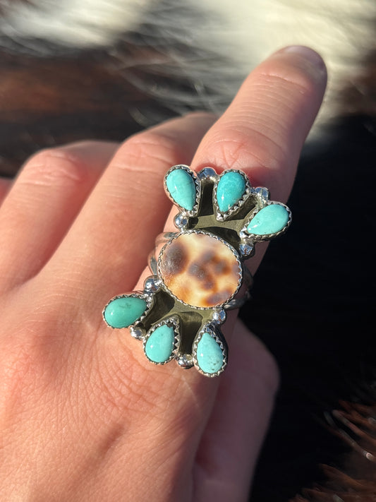 Native American, Hand-Made, Turquoise, Cowrie, & Sterling Silver Ring