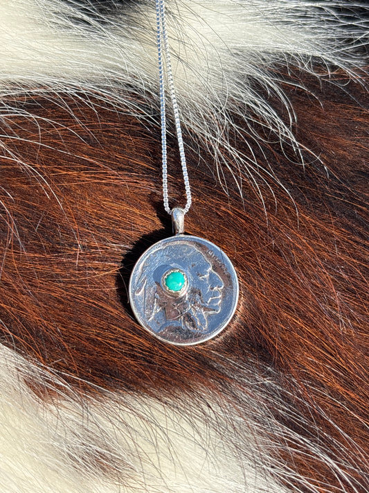Native American, Hand-Made, Buffalo Nickel, Turquoise & Sterling Silver Necklace
