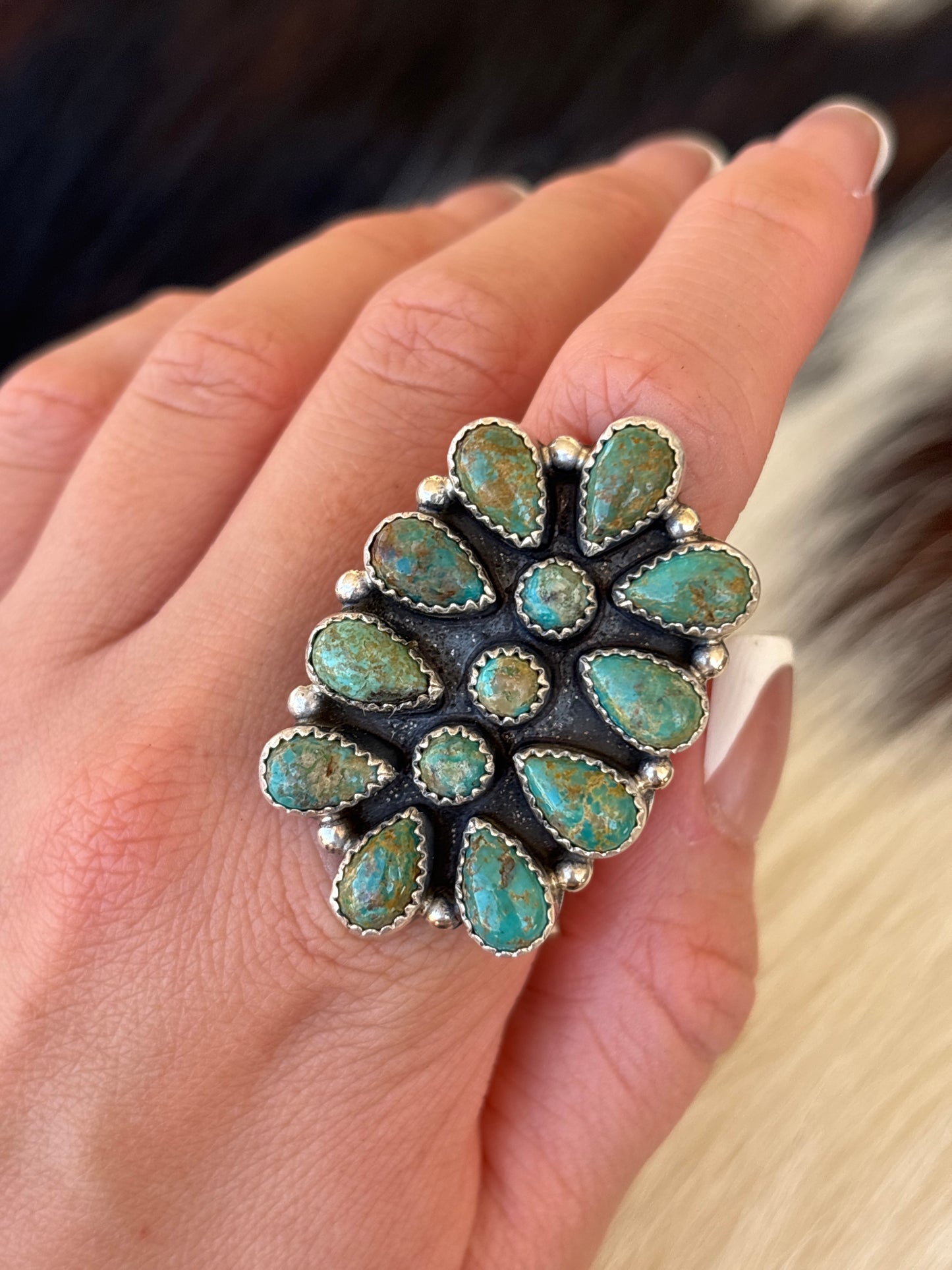 Native American, Hand-Made, Turquoise & Sterling Silver Cluster Ring