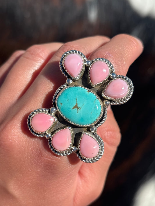 Native American, Hand-Made, Turquoise, Pink Conch & Sterling Silver Ring
