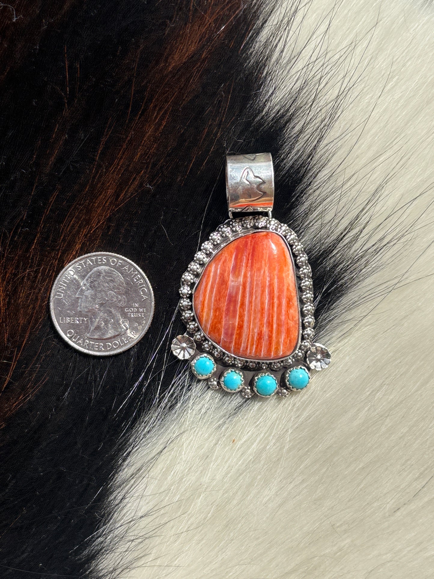 Native American, Hand-Made, Spiny Oyster, Turquoise & Sterling Silver Pendant