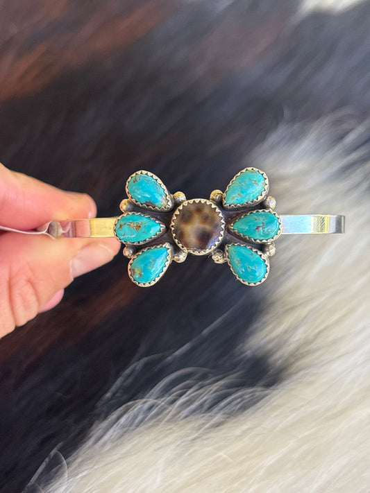 Native American, Handmade, Cowrie, Turquoise  & Sterling Silver Cuff